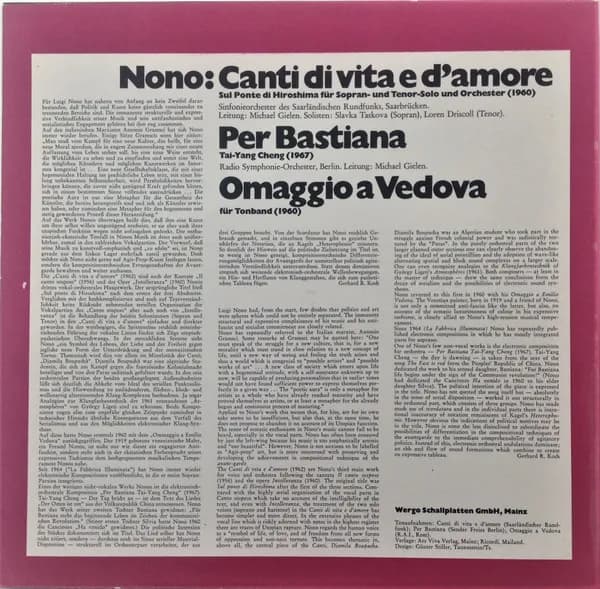 Luigi Nono — Canti Di Vita E D'Amore / Per Bastiana / Omaggio A Vedova