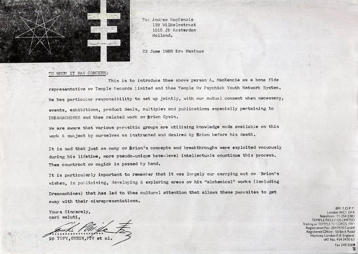 Official Confirmation for Andrew Mac Kenzie of Hafler Trio being the official Brion Gysin Archive Keeper