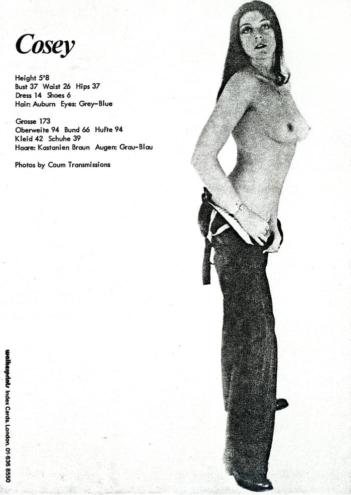 Cosey publicity card ca. 1976, 209 x 148 mm. [Wreckers 6.25] with Alma Cogan stamps and publicity card, both inscribed and signed by GP-O explaining the connections.