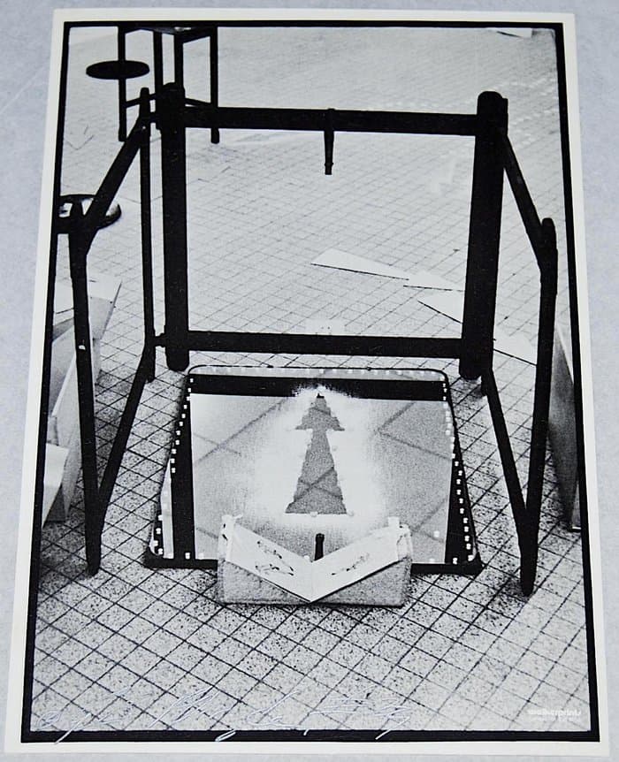 COUM publicity card showing Aalst arrows and mirror sculpture. 1975.