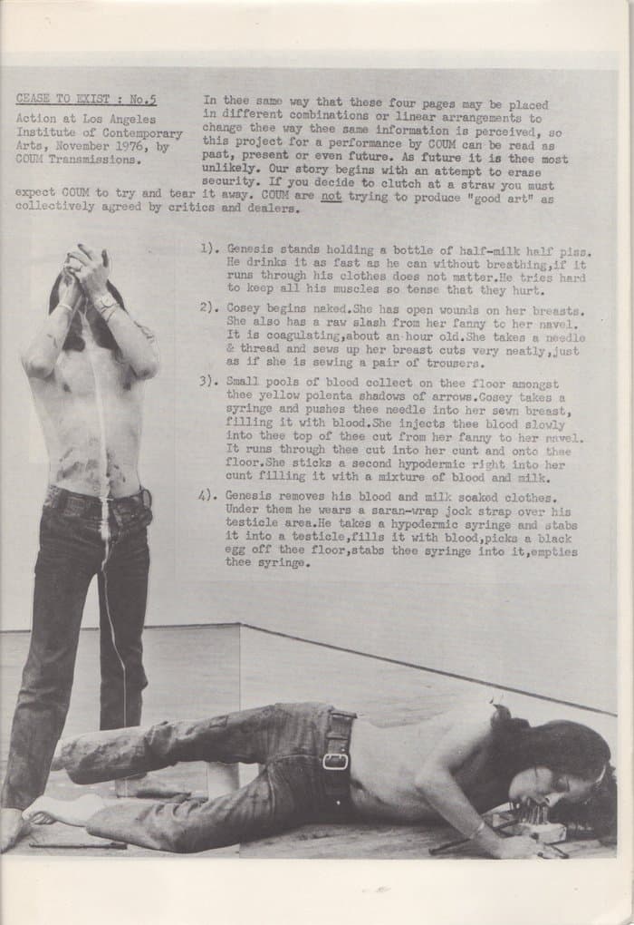Action at the Los Angeles Institute for Contemporary Arts, November 1976 (in Curtains Magazin Le Prochaine Step)