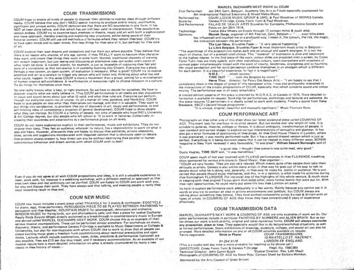 Coum Transmissions Works Overview (in Intermedia 1) Status 1974