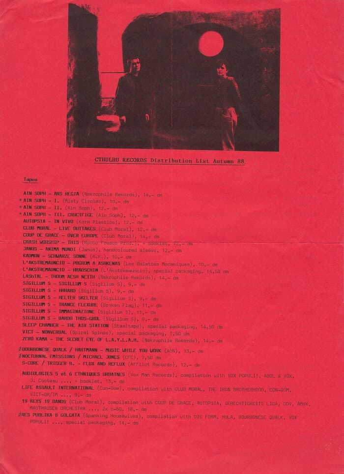 Cthulhu Records Distribution List Autumn 88