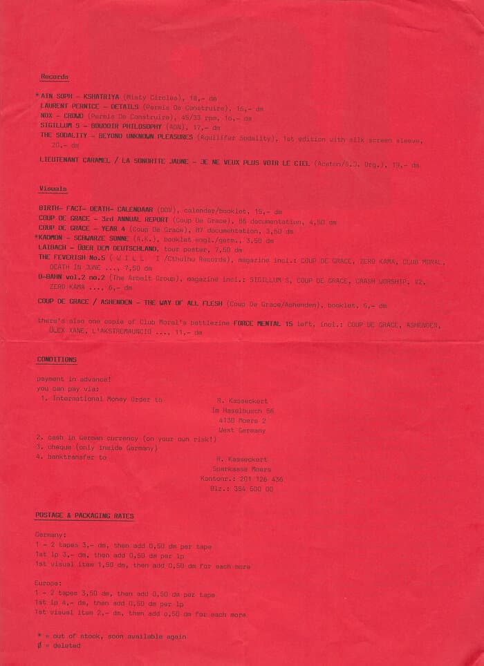 Cthulhu Records Distribution List Autumn 88