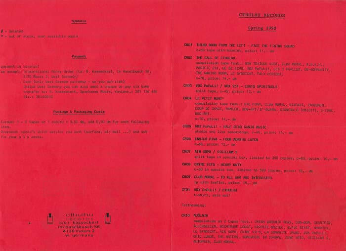 Cthulhu Records Catalogue Distribution List Spring 1990