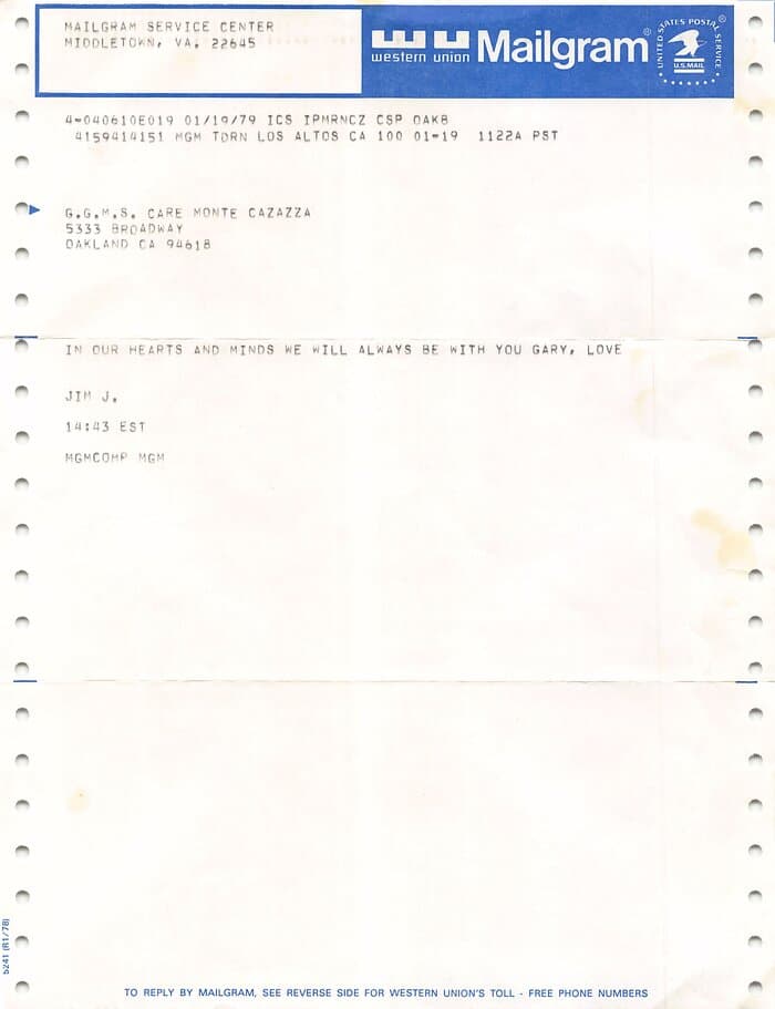 Mailgram about Gary Gilmore