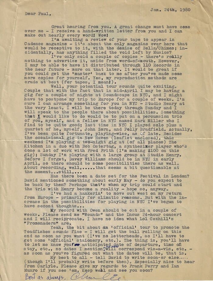 Letter Charles to Paul Burwell 1980