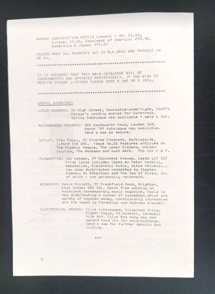 selected Mirage Distribution and Label Catalogues 1981-1985