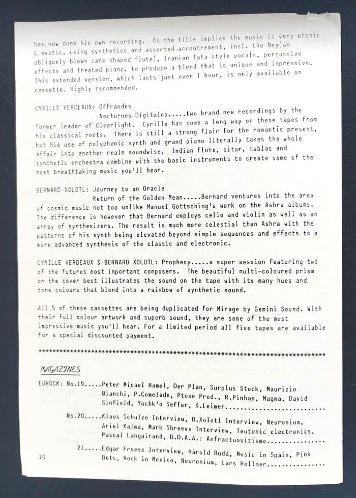 selected Mirage Distribution and Label Catalogues 1981-1985