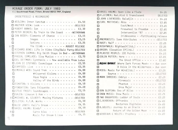 selected Mirage Distribution and Label Catalogues 1981-1985