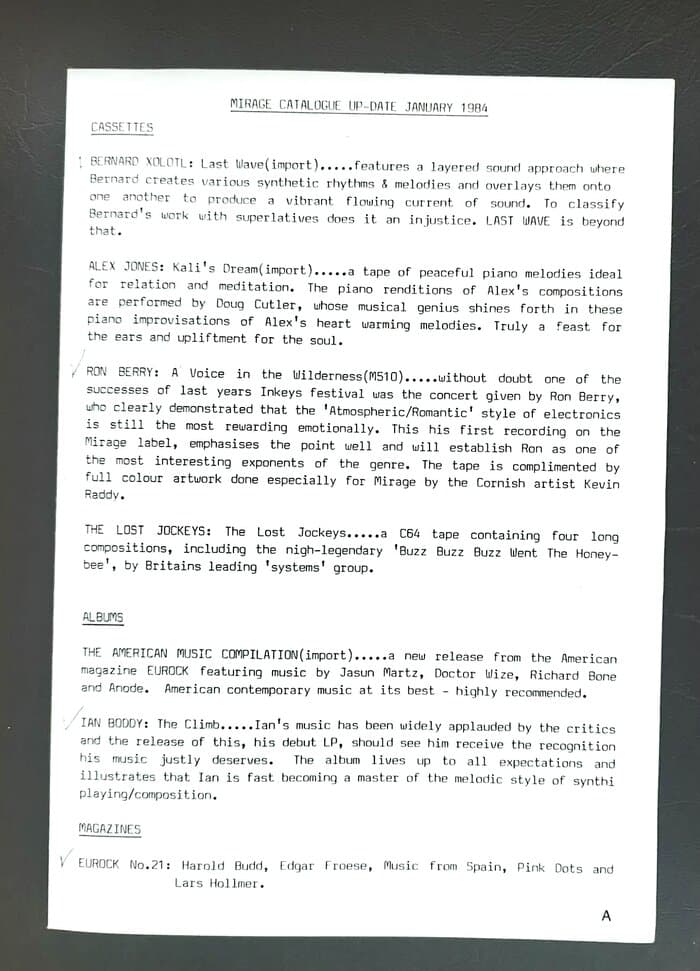 selected Mirage Distribution and Label Catalogues 1981-1985