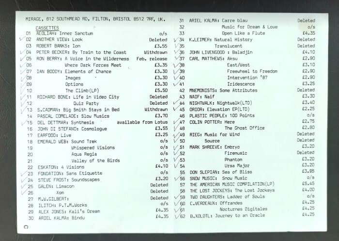 selected Mirage Distribution and Label Catalogues 1981-1985