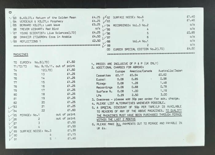 selected Mirage Distribution and Label Catalogues 1981-1985