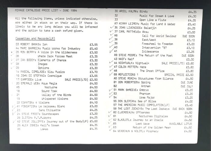 selected Mirage Distribution and Label Catalogues 1981-1985