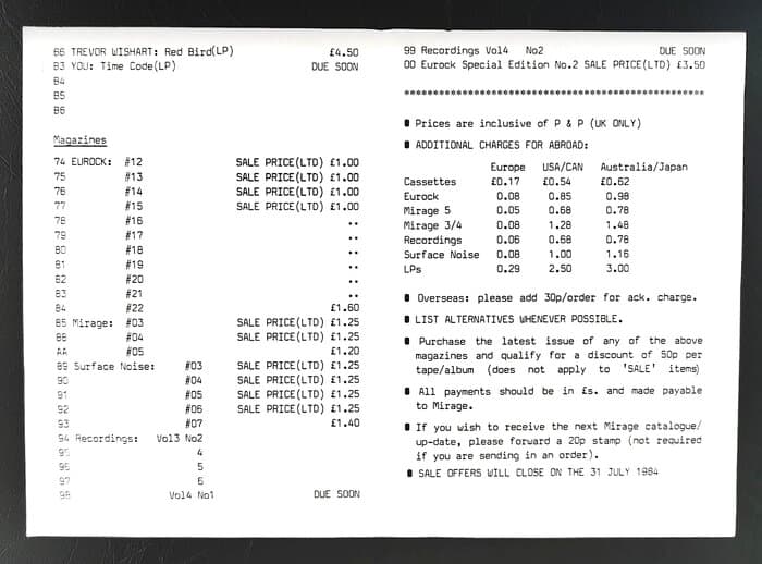 selected Mirage Distribution and Label Catalogues 1981-1985