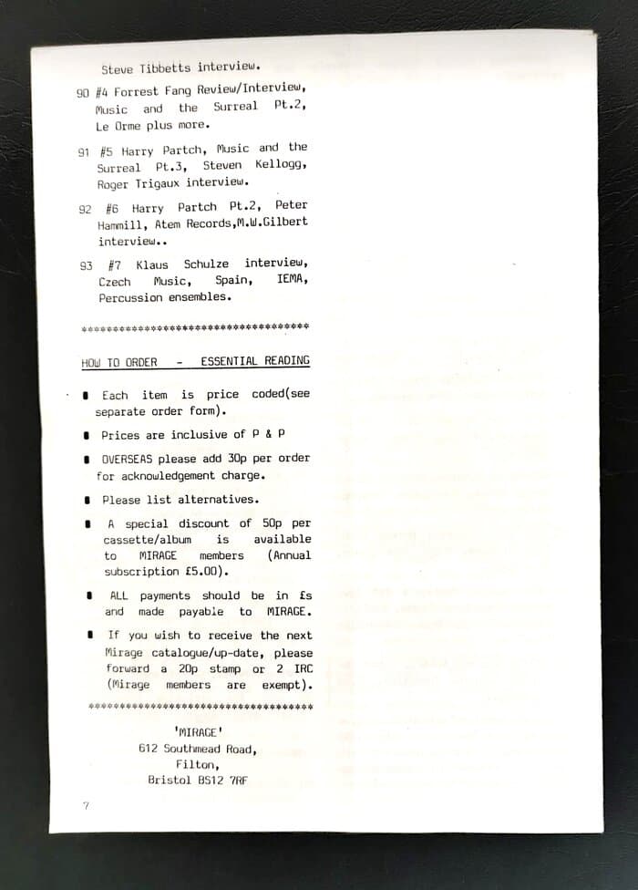 selected Mirage Distribution and Label Catalogues 1981-1985
