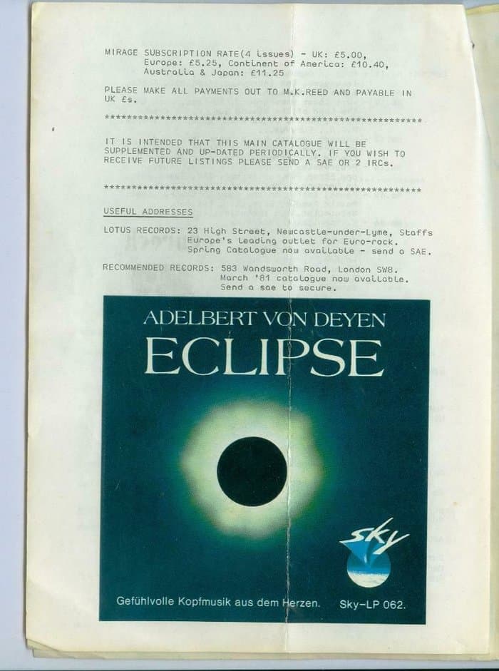 Mirage Catalogue and Distribution 1982
