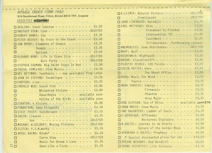 Mirage Catalogue and Distribution 1982