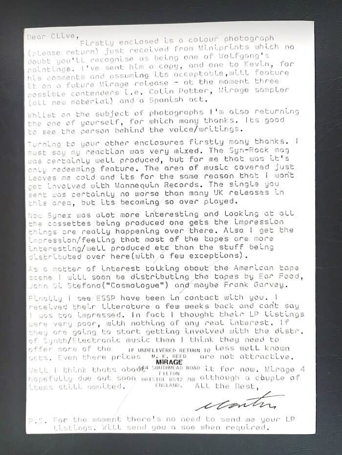 Letter Martin K. Reed to Clive Littlewood