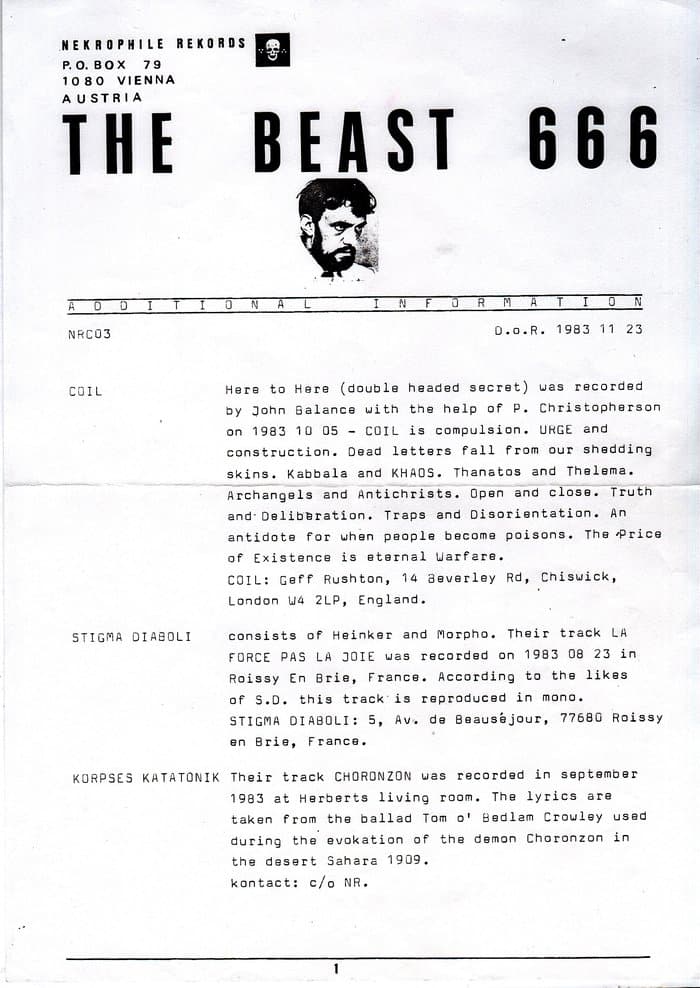 The Beast 666 (Nekrophile) 6 page Infosheet