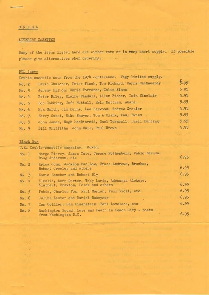 Oriel Tape List No.1