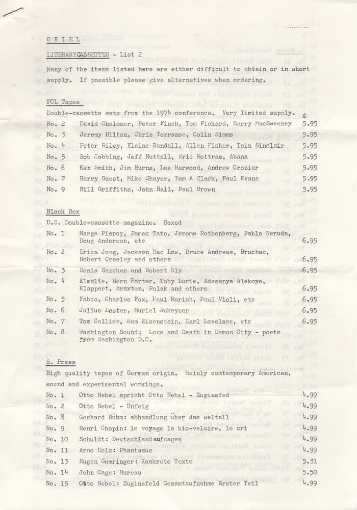 Oriel Tape List No.2