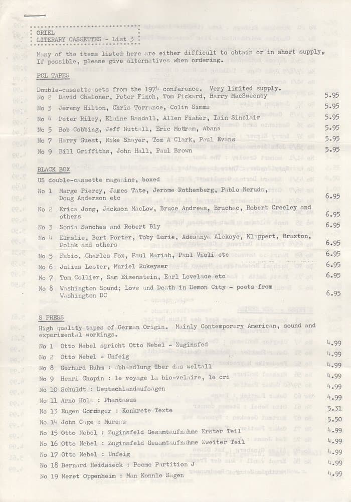Oriel Tape List No.3