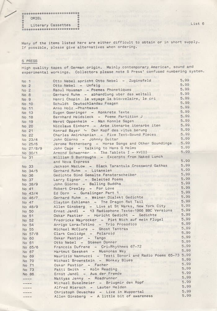 Oriel Tape List No.6