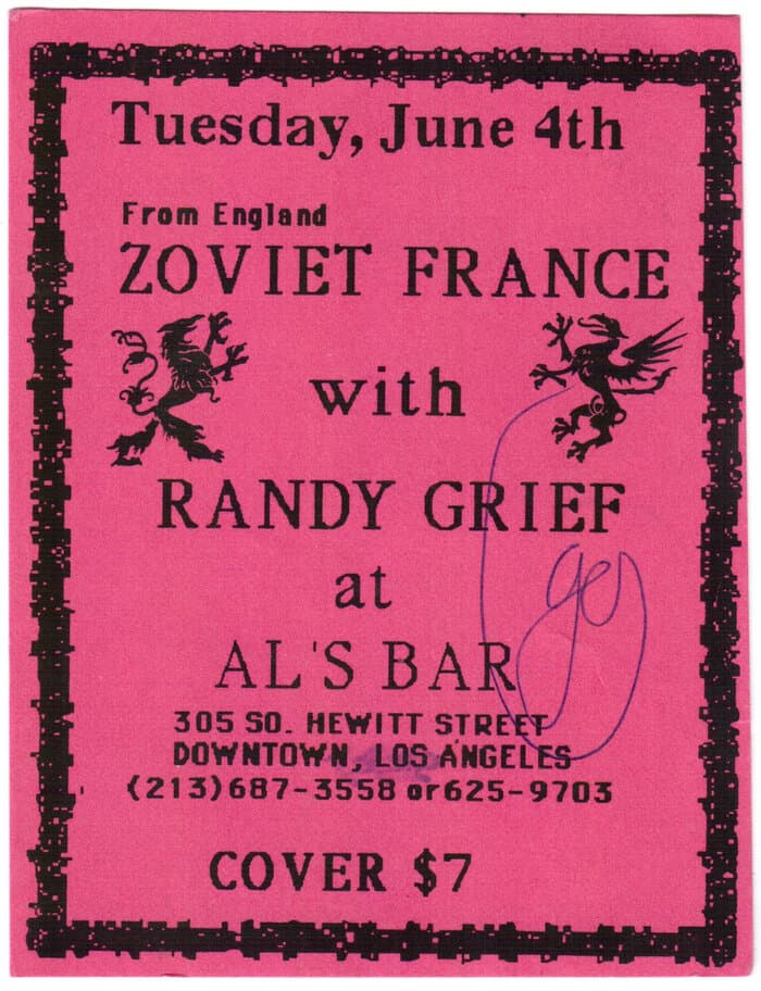 Zoviet France with Randy Greif at Al's Bar Los Angeles Flyer