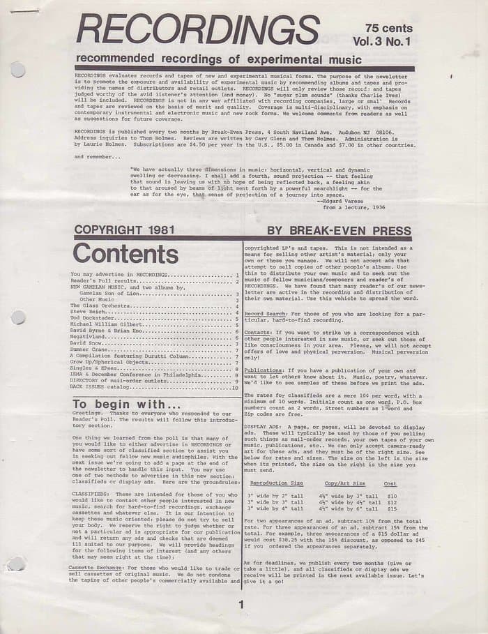 Recordings [of Experimental Music] Vol. 3 No.1