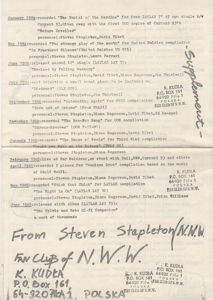 early Nurse With Wound Bio in Silly Talks from Behind the Iron Curtain 1985