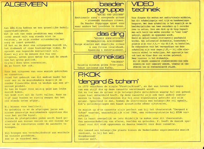 Stichting Update Materials (STUM) Catalogue 1984 and Tape Overview