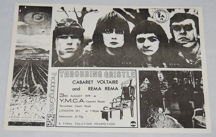 Flyer for TG at YMCA 3rd August 1979 designed by Val Denham. (see Wreckers 9.7.)