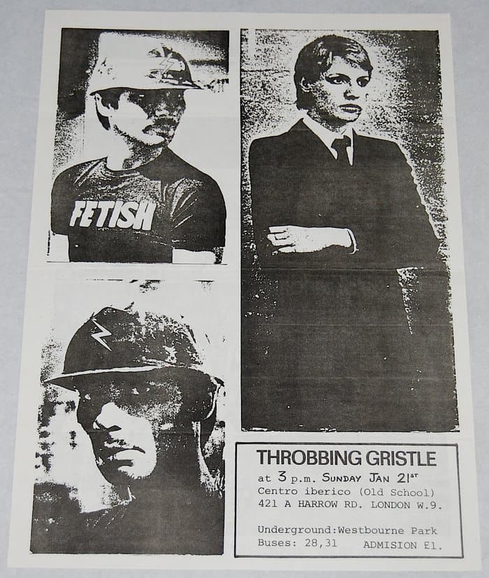 Flyer for Throbbing Gristle at Centro Iberico 21st January 1979 designed by Val Denham 297 x 210 mm.
