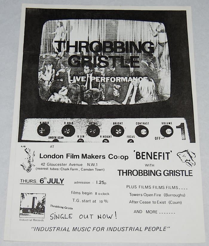 flyer announcing a performance by Throbbing Gristle at the London Film-Makers' Co-op, London, 6th July (1978).