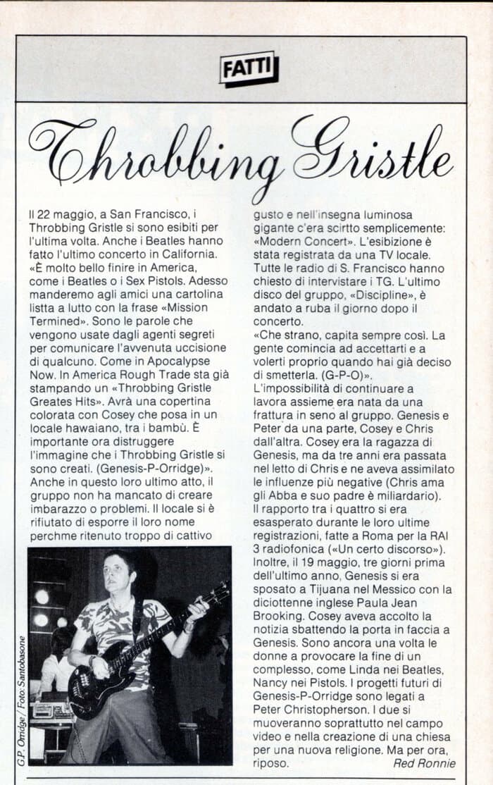 ROCKSTAR N. 12, Sept 1981, Actual media, Roma, Italy, p. 14: Red Ronnie, Throbbing Gristle (re TG end)