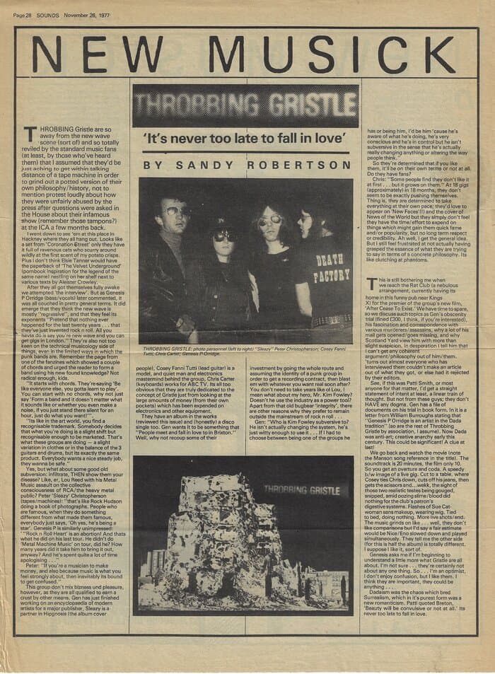 Press-clipping in Sounds 26.Nov 1977 (Sandy Robertson Article)