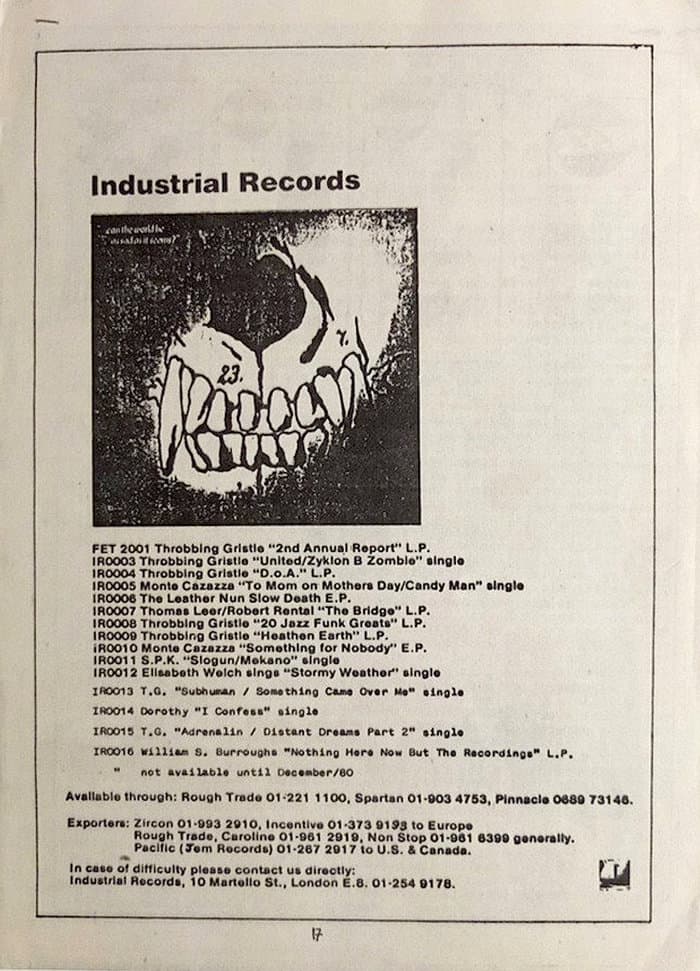 4 page Industrial Records promo-paper