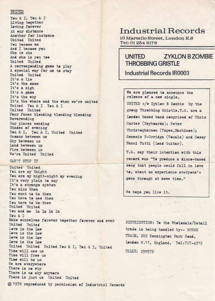 United / Zyklon B Lyric Sheet (came with early versions of United / Zyklon B 7inch)