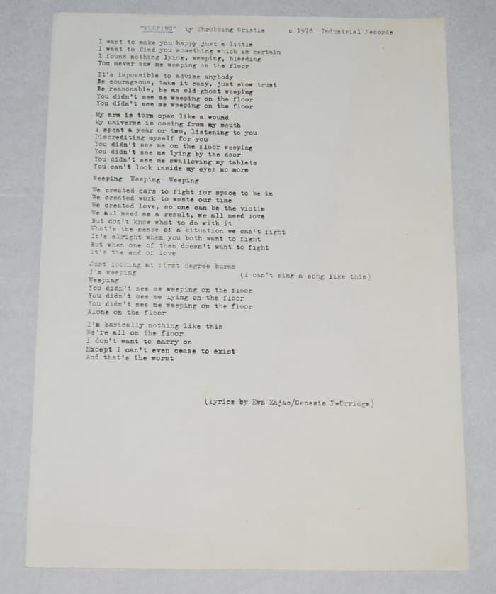 ‘Weeping’ Lyrics by Throbbing Gristle 1978. A4 Vintage photocopy, age related tanning and couple of small rust marks on verso.