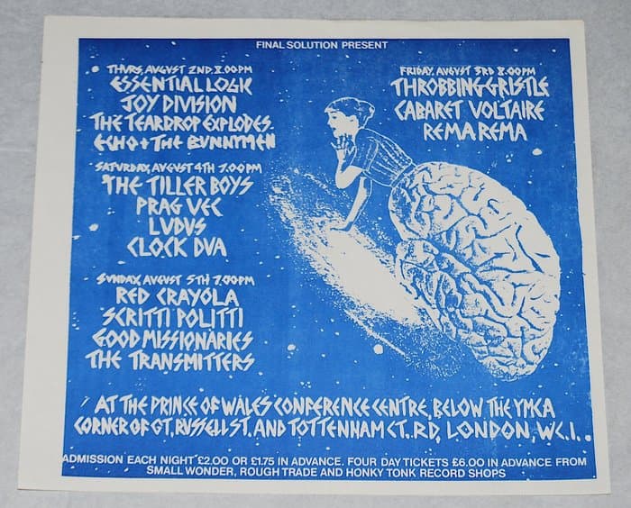 Flyer for Final Solution Present ... four nights at the Prince of Wales Conference Centre 1979, including Joy Division, Clock DVA, Cabaret Voltaire and Throbbing Gristle.