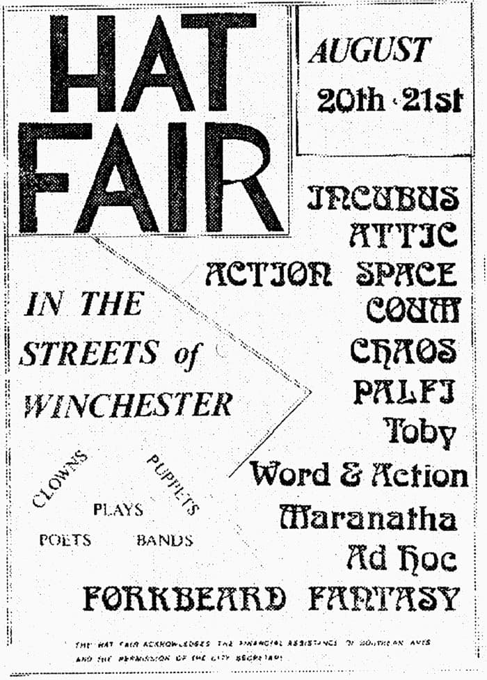 Poster for TG's second Gig at Hat Fare Winchester 21.st of August 1976