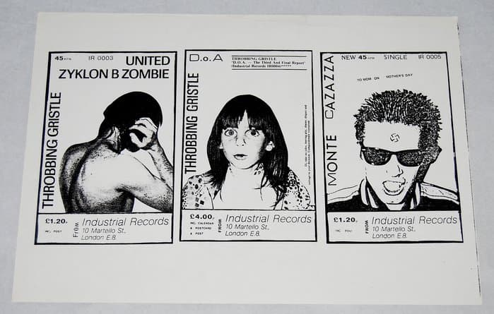 Industrial Records flyer 1979 promoting United 7inch / D.o.A. and Cazazza 7inch. 298 x 210 mm.