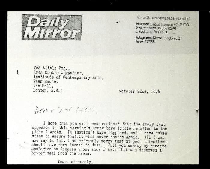 Letter by Daily Mirror to Ted Little (ICA coordinator and responsible for the Prostition Sho of Coum Transmissions
