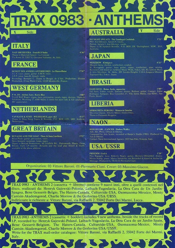 Infosheet and Postcard to Trax Compilation "ANTHEMS 2"