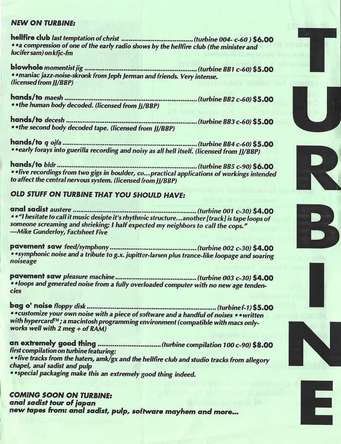 Turbine Cassettes Spring/Summer 1991 Catalogue