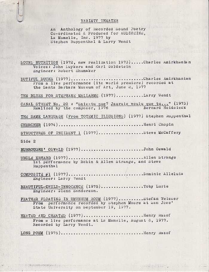 Variety Theater - An Anthology of Recorded Sound Poetry
