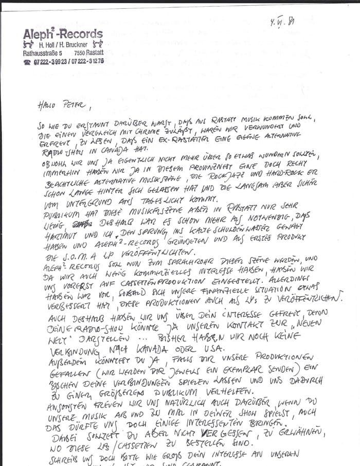 Aleph2 Promoletter to Peter Moser from 1981