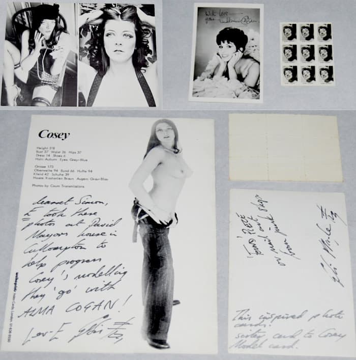 Cosey publicity card ca. 1976, 209 x 148 mm. [Wreckers 6.25] with Alma Cogan stamps and publicity card, both inscribed and signed by GP-O explaining the connections.