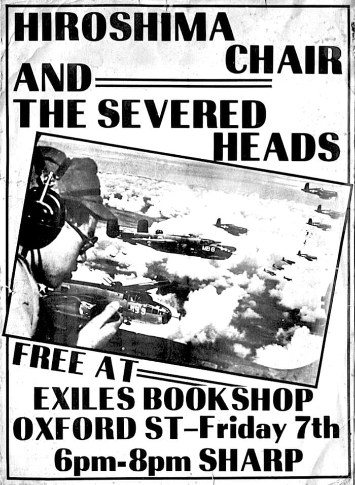 Poster: Severed Heads and Hiroshima Chair at Exiles Book Shop 1982